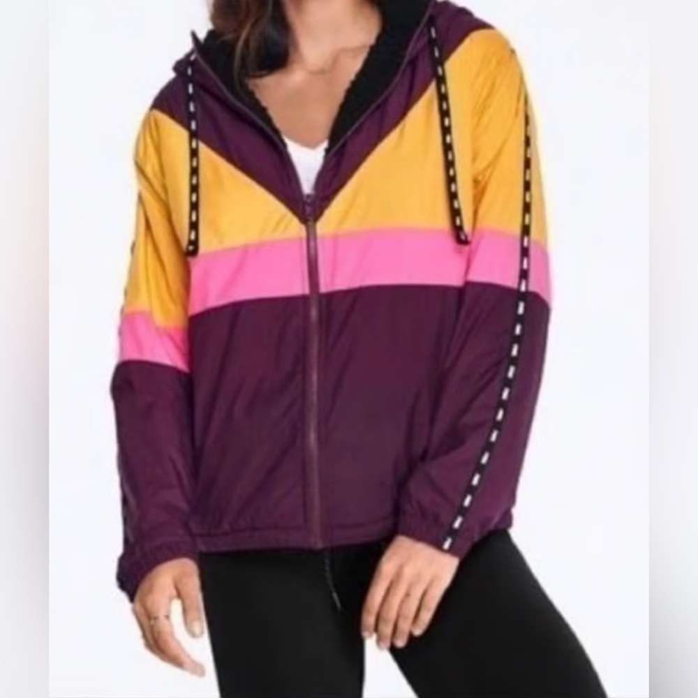PINK VICTORIA’S SECRET COLORBLOCK SHERPA LINED JACKET WINDBREAKER HOOD